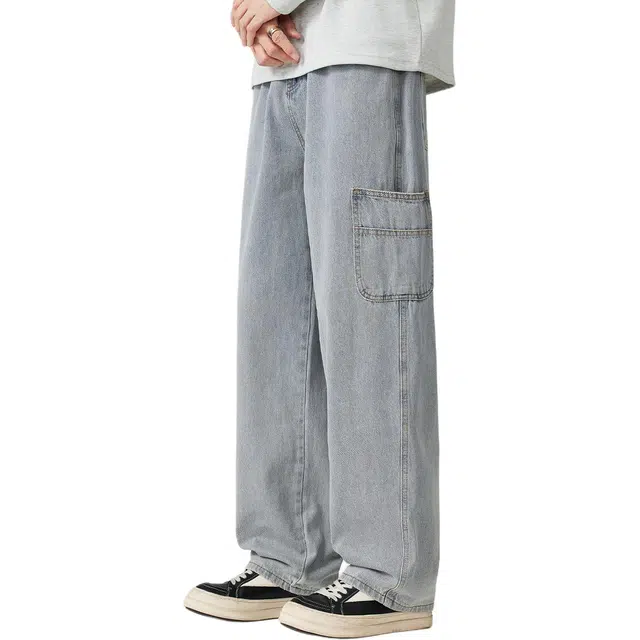 洞洞拐 美式潮牌直筒宽松工装牛仔裤 男女同款