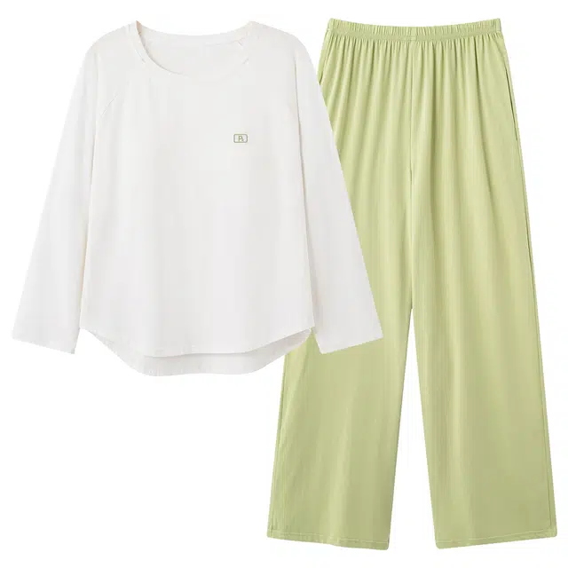 俏霓桐 春秋款简约甜美带胸垫亲肤纯棉时尚不规则休闲长袖长裤家居服可外穿睡衣套装 女款