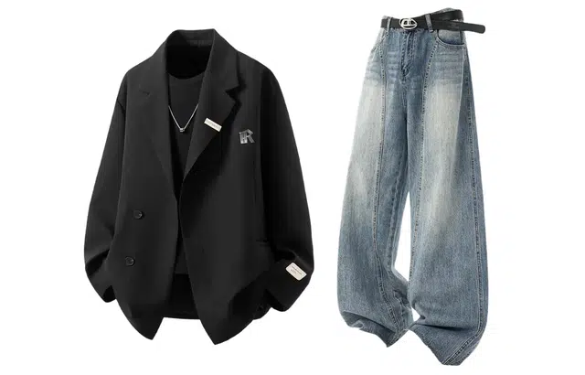 梓润格 秋季港风高级双开衩设计感金属搭扣装饰西服外套美式复古蓝拖地牛仔裤高街宽松阔腿直筒弯刀裤西装套装 男女同款