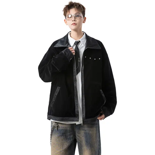 冈哉 美式复古绒面撞色拼接铆钉痞帅个性潮流潮牌时尚慵懒感日常通勤柔软舒适亲肤机车夹克 男女同款