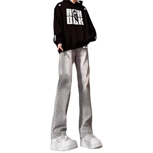 物质公式 美式复古高街水洗做旧痞帅纯色基础款直筒裤子宽松百搭废土风高级感舒适柔软弹力窄版显高显瘦显腿长潮流微喇阔腿牛仔裤 男女同款