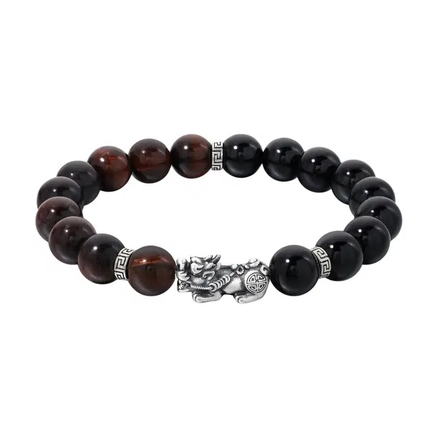 爱骊 足银貔貅 新中式经典国风国潮高级感 复古简约日常通勤百搭 招财纳福转运珠 精美礼盒#好运天然 玛瑙 手链 男款