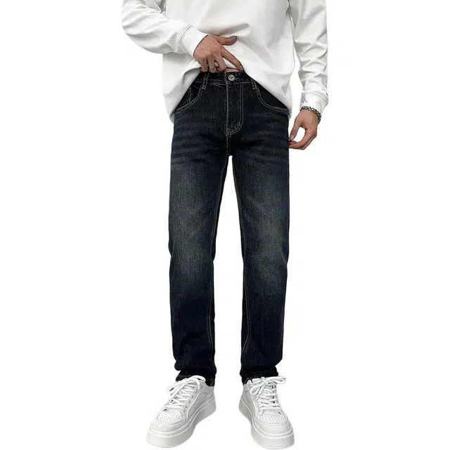 么宁 秋冬季厚款弹力修身小直筒裤舒适透气简约百搭个性痞帅时尚休闲牛仔裤 男女同款