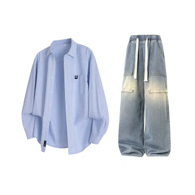 梓润格 美式复古潮流百搭简约宽松设计感氛围感嘻哈风无性别主义时尚高级感轻薄透气垫肩结构长袖阔腿牛仔裤衬衫套装 男女同款