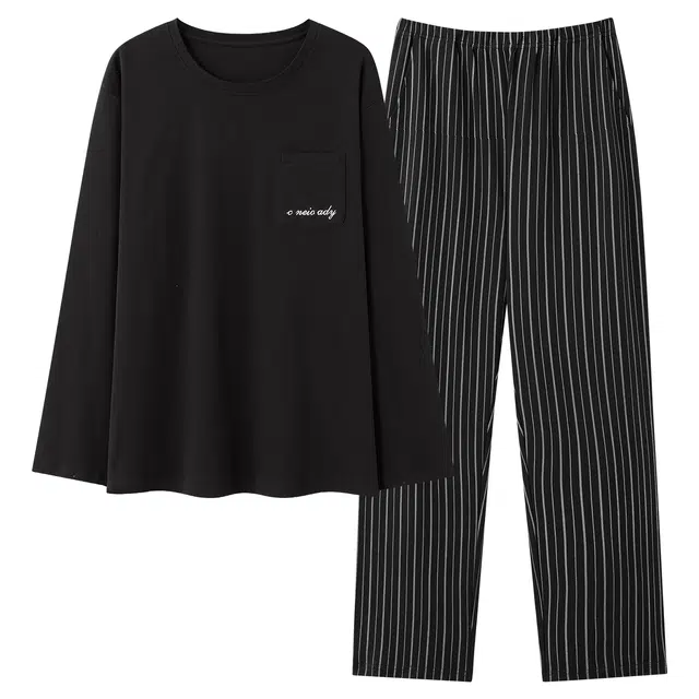 俏佳人 纯棉简约纯色圆领套头条纹可外穿家居服舒适亲肤透气长袖长裤睡衣套装 男款