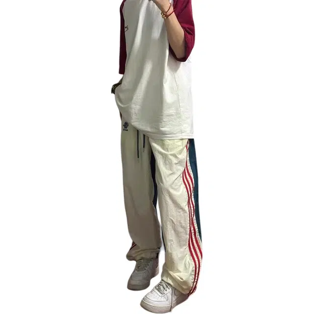 徐百货 美式复古嘻哈三条杠条纹裤子伞兵裤撞色拼接速干阔腿裤潮流百搭宽松舒适休闲裤 男女同款