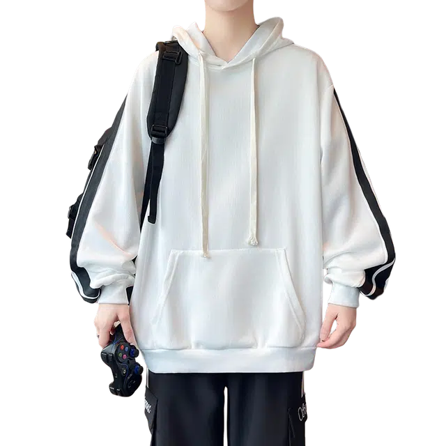 一碗士多 美式复古条纹拼接高级感设计学院风青春活力个性时尚户外通勤日常百搭舒适宽松慵懒风连帽大口袋长袖卫衣 男女同款