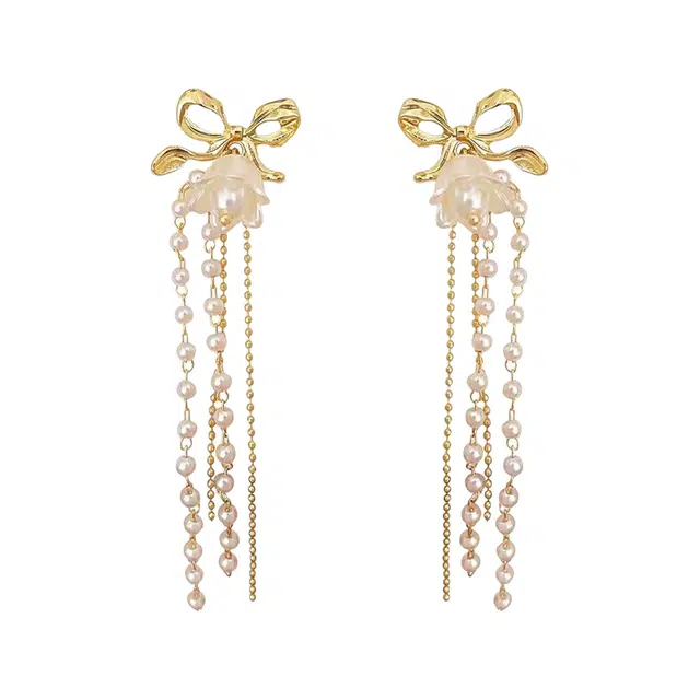 澜耀 长款流苏珠珠蝴蝶结 时尚小众设计感#好运 铜合金 耳环 女款