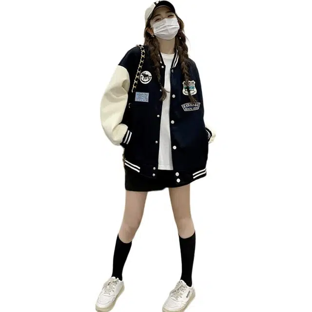 稻草人 美式慵懒黑白拼色超火好看学院风上衣夹克 女款