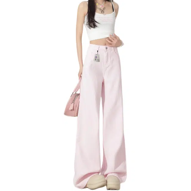 识恩 美式复古粉色阔腿女夏季宽松直筒阔腿拖地裤子牛仔裤 女款