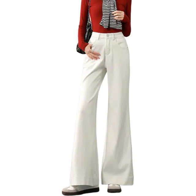 法文箱子 做旧微喇阔腿纯色修身高腰长裤牛仔裤 女款