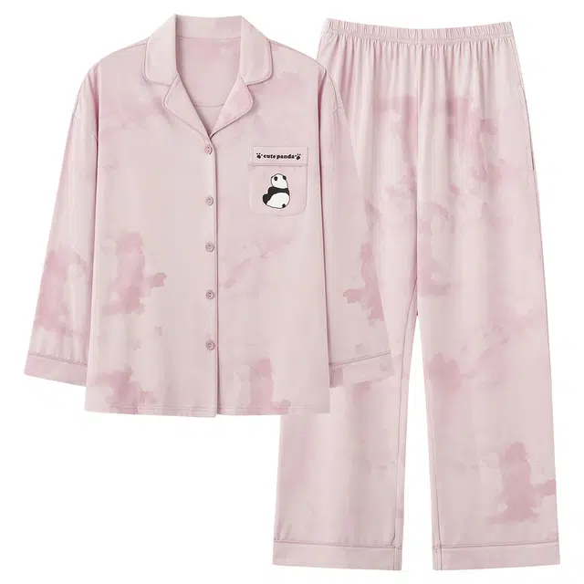 俏霓桐 春秋款可爱卡通熊猫纯棉亲肤甜美精致晕染高级感长袖长裤家居服可外穿睡衣套装 女款