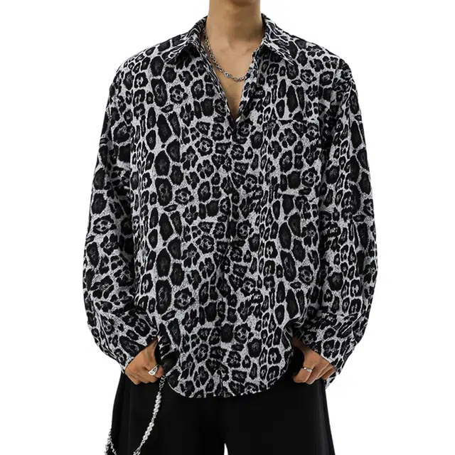 冈哉 豹纹满印个性痞帅设计美式高街帅气百搭宽松透气经典潮流时尚舒适亲肤简约长袖衬衫 男女同款