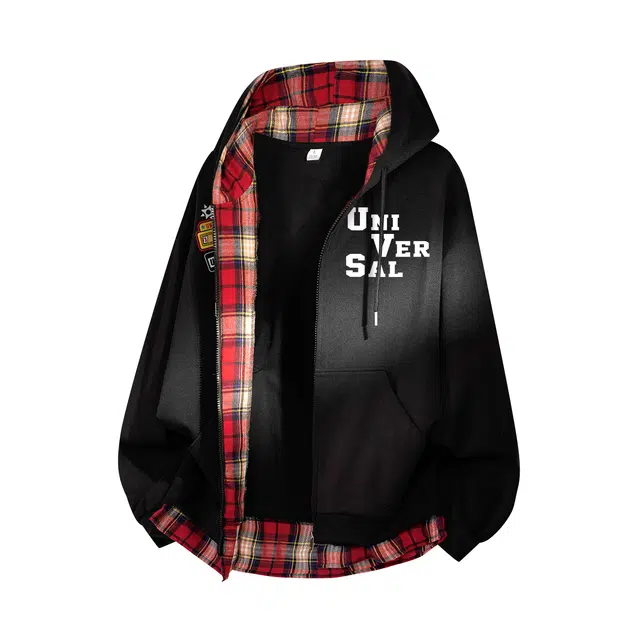 物质公式 美式复古高街重磅格纹拼接解构趣味徽章印花赛车服休闲运动宽松百搭简约基础款潮流学生通勤学院风套头长袖落肩连帽卫衣 男女同款