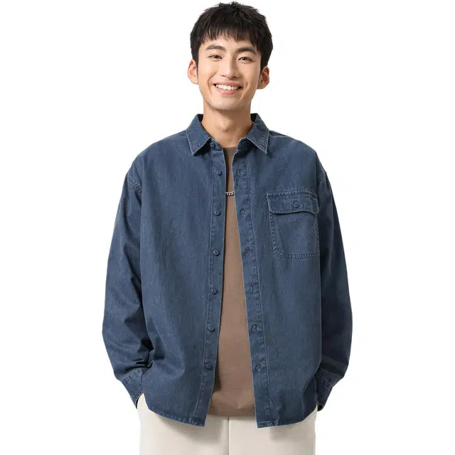 米素力 蓝色牛仔复古收口袖长袖衬衫 男女同款