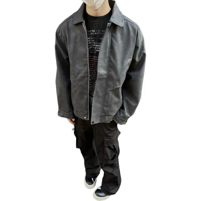 冈哉 美式复古做旧水洗短款痞帅个性潮流潮牌时尚慵懒感日常通勤柔软舒适亲肤机车皮夹克 男女同款