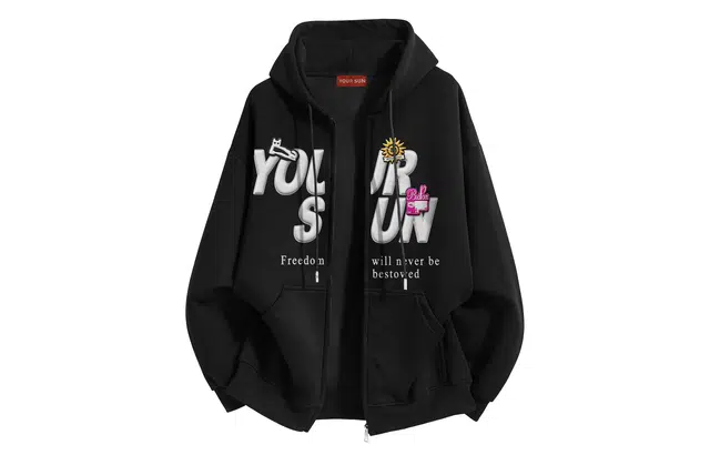 宜而爽 卡通美式高街复古潮牌学院风仿刺绣图案发泡字母印花宽松休闲舒适柔软落肩长袖套头上衣日常通勤百搭连帽开衫卫衣 男女同款