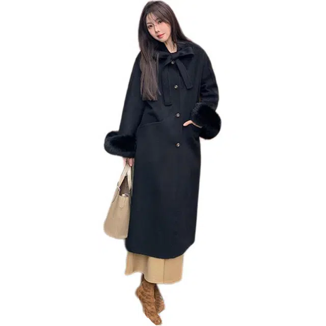 敲模女孩  韩系学院风双面呢加厚高级毛呢中长款毛毛设计感宽松大衣 女款