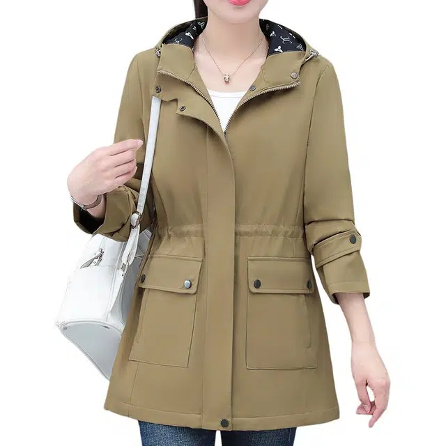 左岸 春秋中长款开衫拉链工装百搭通勤简约时尚连帽防风收腰显瘦显高休闲上衣外套风衣 女款