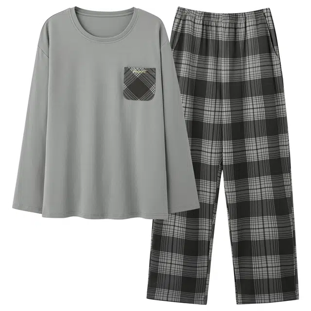 俏佳人 纯棉简约纯色圆领套头复古格子可外穿家居服舒适亲肤透气长袖长裤睡衣套装 男款