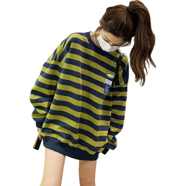 稻草人 条纹圆领潮流宽松休闲套头上衣卫衣 女款