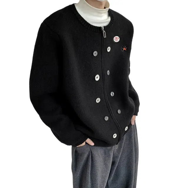 半空山 纯色简约重磅双排扣小众高级设计感慵懒宽松百搭开衫外套潮流时尚小香风圆领针织衫 男女同款