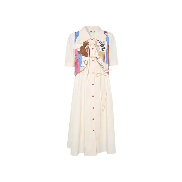 两三事 晨昏画意 复古印花拼接假两件长裙短袖连衣裙 女款