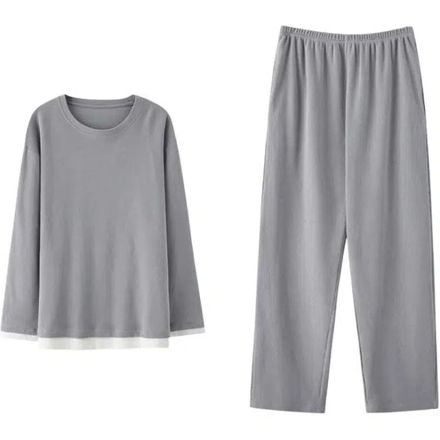 潞优野 简约高级感舒适纯棉长袖可外穿春秋款青年大码家居服睡衣套装 男款