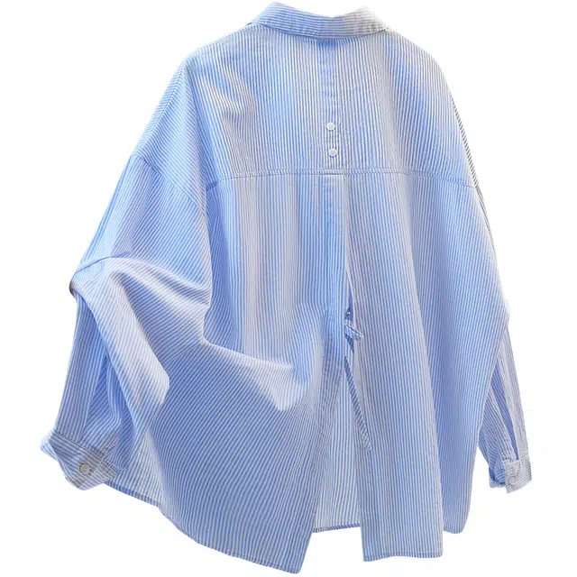 丝柏舍 撞色条纹翻领后开叉宽松款休闲单排扣中长款落肩长袖衬衫 女款