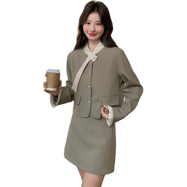 稻草人 法式香风设计感短外套半身裙气质穿搭一整套裙装套装 女款