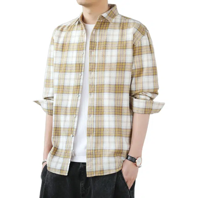 瑞梵帝斯 美式复古全棉设计潮流格子帅气出片感百搭翻领潮牌港风时尚宽松情侣装外套风休闲长袖上衣男生衬衫 男款