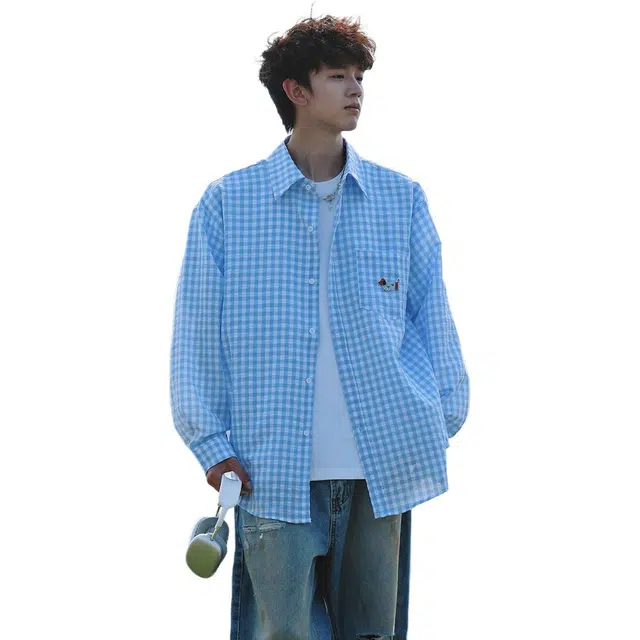 徐百货 美式复古格子长袖高级感痞帅潮牌腊肠狗情侣防晒衬衣宽松舒适潮流百搭衬衫 男女同款