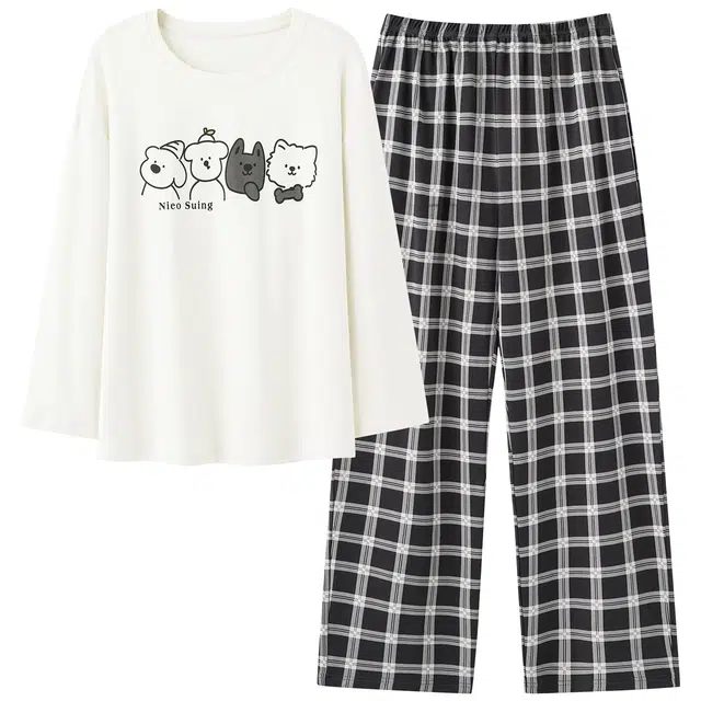 俏霓桐 春秋款可爱卡通纯棉亲肤简约格子宽松百搭舒适长袖长裤家居服可外穿睡衣套装 男款