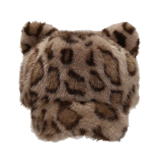 氧气樱桃 毛茸茸豹纹可爱小狐狸耳朵保暖仿貂毛防寒 人造革 鸭舌帽 男女同款情侣款