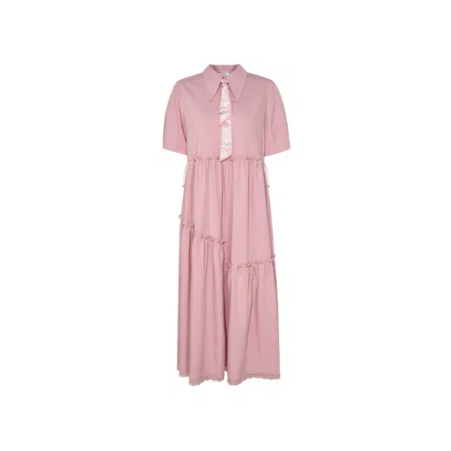 两三事 晨夕牵引 甜美可爱风清新简约时尚纯色宽松舒适日常通勤百搭翻领印花领带荷叶边拼接短袖连衣裙 女款