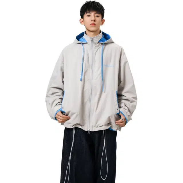 冈哉 简约肌理连帽假两件抽绳撞色拼色休闲痞帅翻领个性潮流潮牌时尚慵懒感日常通勤柔软舒适亲肤夹克 男女同款