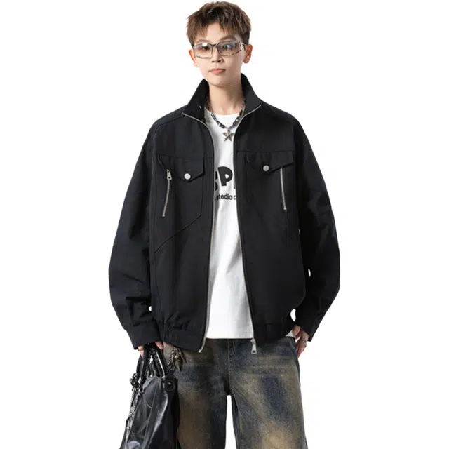 冈哉  美式复古工装老钱风简约坐山蟒痞帅立领个性潮流潮牌时尚慵懒感日常通勤柔软舒适亲肤机车夹克  男女同款