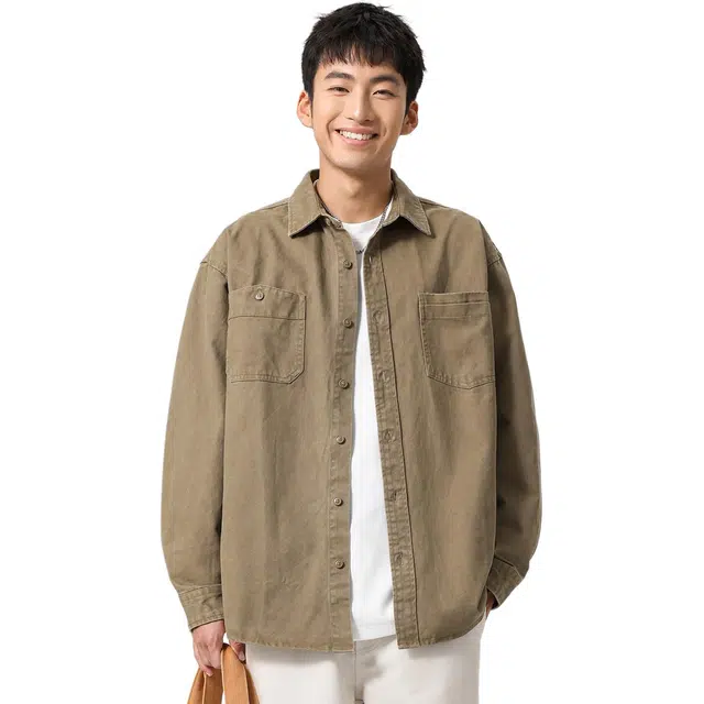 米素力 宽松复古工装纯色落肩袖长袖潮衬衫 男女同款