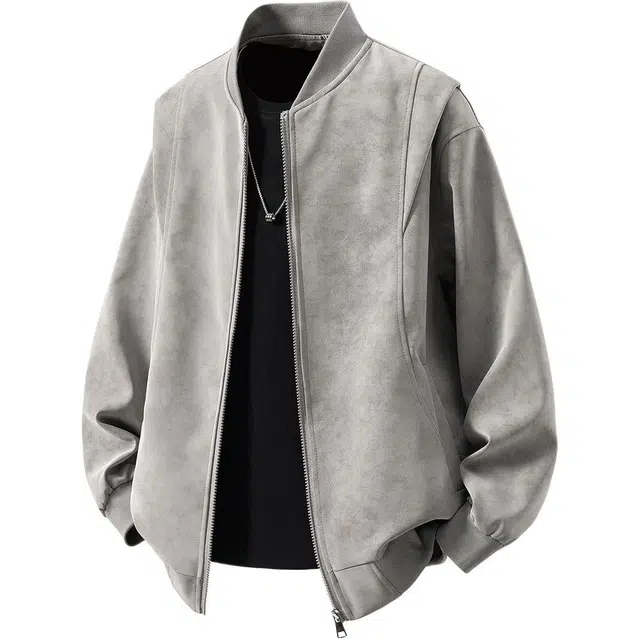 袋鼠 美式复古基础款松弛感纯色拉链可二开解构大码立领皮衣夹克 男女同款