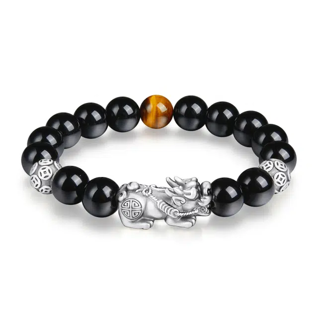 中国黄金 珍·尚银 新中式吞金兽貔貅 招财纳福 财源滚滚小众轻奢设计简约大气百搭 瑞兽铜钱 男友送礼礼物 礼盒 黑曜石 玉石手串 男款