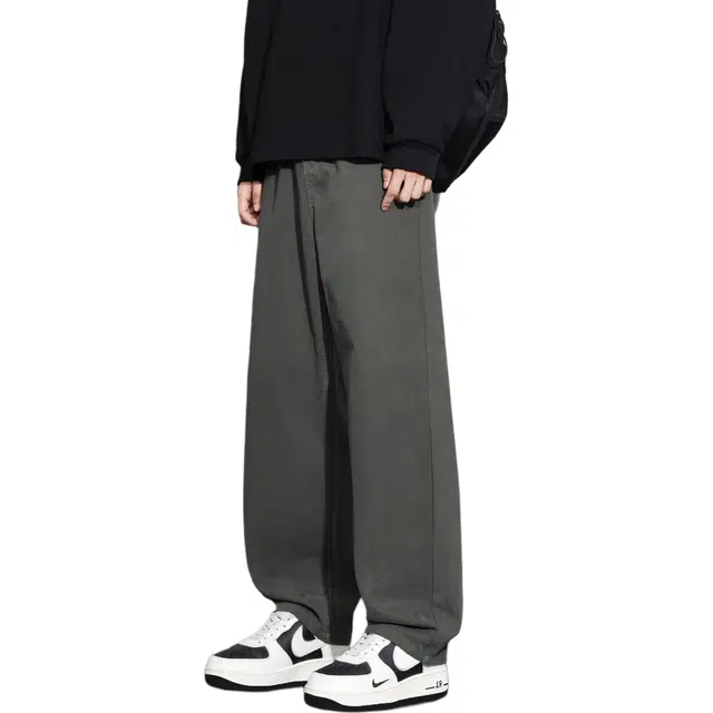 瑞梵帝斯 美式纯棉时尚潮流高腰抽绳垂感高级感宽松阔腿酷飒风日常通勤舒适百搭透气运动四季潮牌直筒裤男士休闲裤 男款