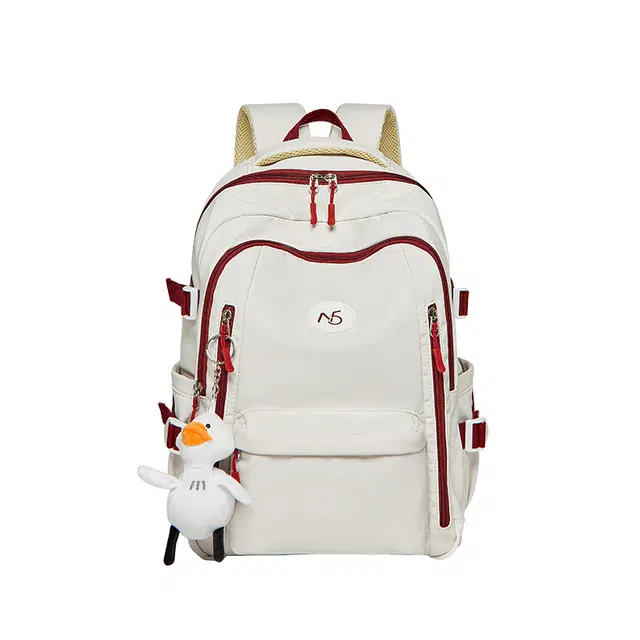 纳兰杜 时尚百搭休闲户外学生撞色 合成革 双肩包 常规 男女同款情侣款 米白拼红色