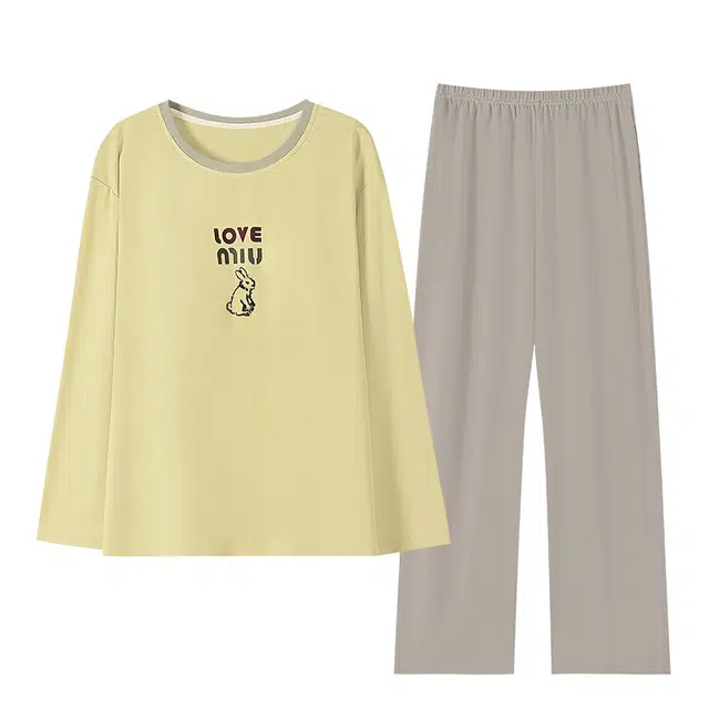 潞优野 简约舒适纯棉长袖带胸垫一体可外穿春秋款家居服睡衣套装 女款