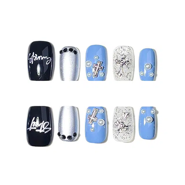 韵月乔 辣妹短款潮流克罗心金属穿戴甲  短梯蓝色纯色 金属