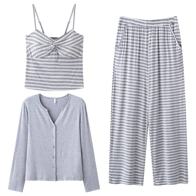 俏霓桐 春秋款简约条纹带胸垫纯棉休闲舒适甜美三件套长袖长裤家居服可外穿睡衣套装 女款