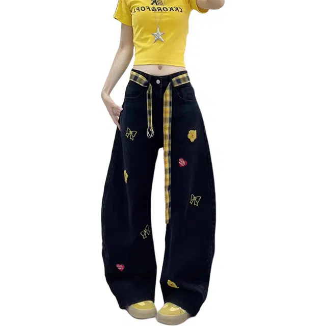 徐百货 美式复古格纹刺绣宽松显廋设计感拖地阔腿裤潮流百搭舒适休闲牛仔裤 男女同款