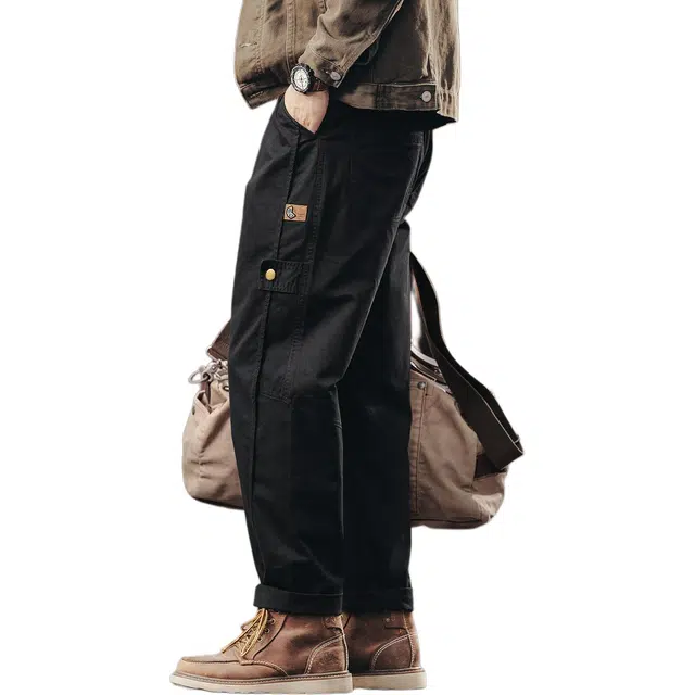 格蓝鹿 秋季 美式复古潮牌阿美咔叽直筒男士纯色简约拼接口袋设计时尚潮流百搭日常出行休闲工装裤 宽松型 男女同款