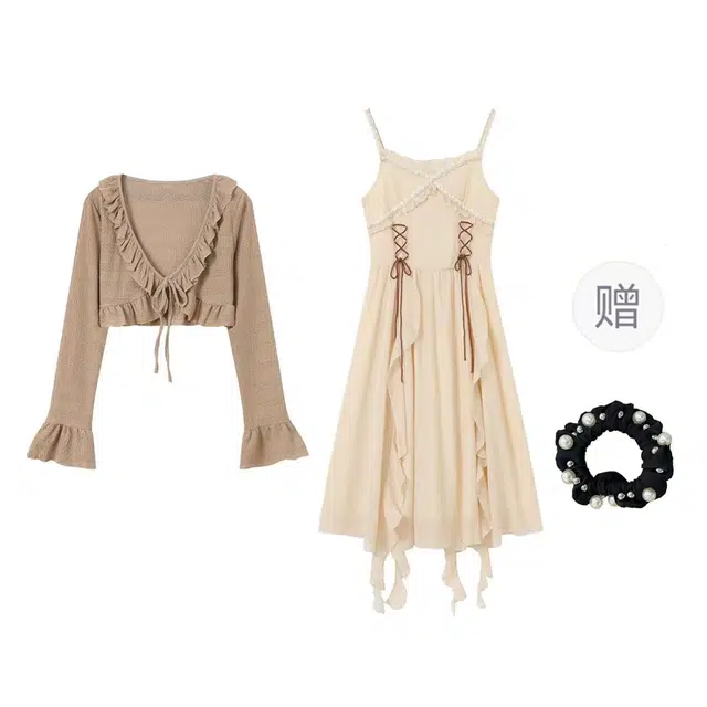 雾闪闪 波西米亚风吊带女秋季两件套连衣裙大码中长裙裙装套装 女款