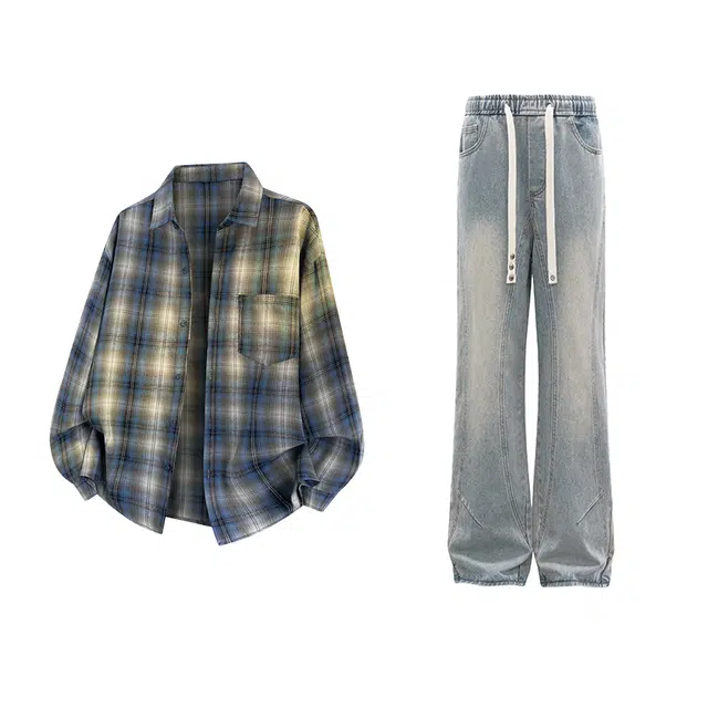 哲源 美式复古扎染格子简约基础款春秋设计感衬衫外套搭配水洗做旧拼接解构微喇牛仔裤日常百搭宽松舒适休闲运动套装 男女同款