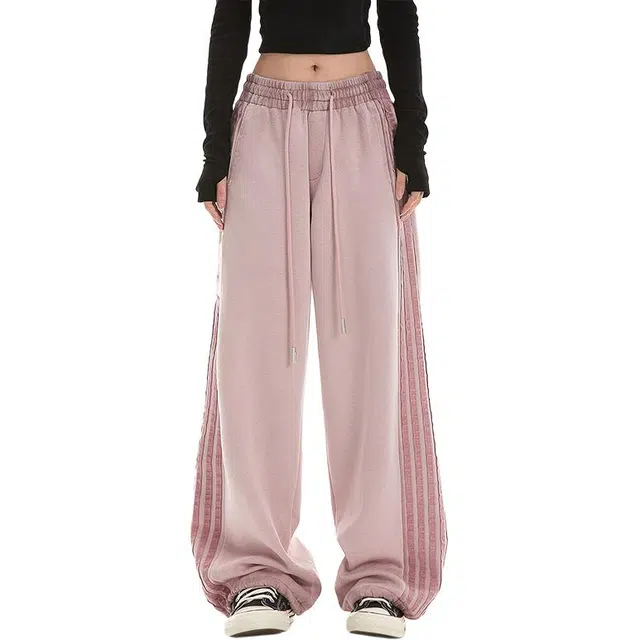 柏黛妃 秋季条纹复古运动裤女爵士舞阔腿直筒原版包边卫裤子休闲裤 女款